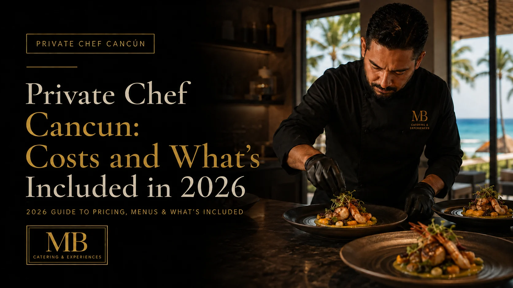 Private Chef Cancun blog banner featuring a chef plating food in a beachfront villa
