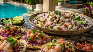 Caribbean ceviche and seafood tostadas served poolside at a Riviera Maya villa