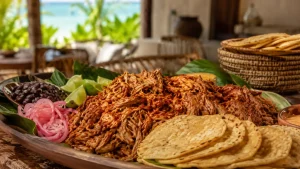 Cochinita pibil with corn tortillas, black beans and pickled red onion for a Riviera Maya party meal