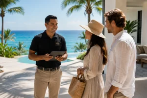 Concierge on the phone near a marina or villa while checking a schedule, subtly showing yacht/weather/transport coordination