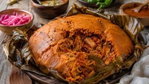 Traditional Yucatecan mucbipollo wrapped in banana leaves for a seasonal family celebration