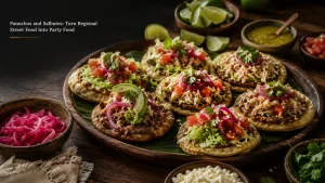 Yucatecan panuchos and salbutes topped with chicken, avocado and pickled red onion