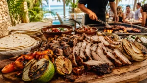 Traditional Yucatecan poc chuc with grilled pork, citrus, tortillas and charred vegetables