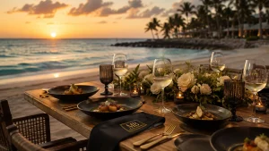 Long beachfront dinner table prepared for a private chef experience in Cancun at sunset