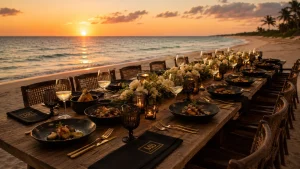 Intimate private dining table in Cancun with plated food and wine at sunset