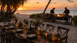 Two private chefs cooking beside a beachfront dinner table in Cancun at sunset