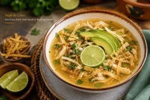 Traditional sopa de lima with shredded chicken, tortilla strips, avocado and fresh lime