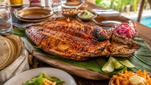 Tikin xic style whole grilled fish with achiote, banana leaf, tortillas and lime