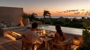 Romantic private dining setup beside a plunge pool at a Riviera Maya vacation rental