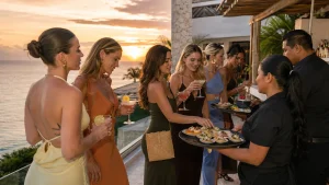 Sunset cocktail party with passed small plates and bartender service at a private villa