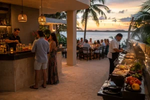 Private BBQ and bar service in Cancun with cocktails, live grilling and guests dining outdoors at sunset