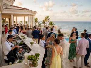 Wedding guests enjoying cocktail hour with bartenders at a beachfront Cancun villa