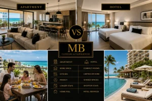Cancun Apartment vs Hotel comparison showing apartment space and kitchens alongside hotel pools, housekeeping and concierge service
