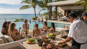 Cancun bachelorette party at a private villa with poolside food and bartender service