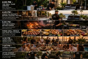 Cancun BBQ Catering event timeline showing grill setup, property checks, live cooking, menu service, dinner and cleanup