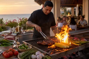 Cancun BBQ Catering chefs cooking steak, chicken and vegetables over a live grill during a private evening event