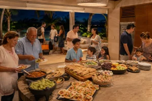 Family members arriving at a Cancun villa with a relaxed dinner spread ready for different generations
