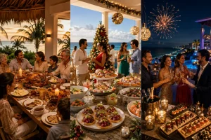 Holiday Catering in Cancun with Thanksgiving dinner, Christmas seafood and New Year's Eve food and fireworks
