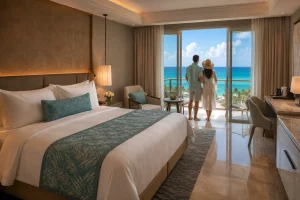 Cancun hotel room with a couple enjoying the ocean view from their private balcony