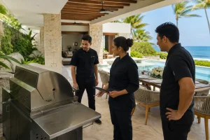 Catering team checking a villa grill and outdoor cooking area before setting up a private BBQ in Cancun