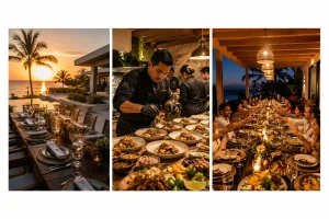 Private chef for a large group serving a villa dinner in Cancun with plated food and table service