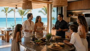 Alt text: Chef discussing the meal with guests in the kitchen of a beachfront Cancun villa