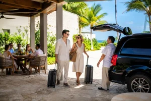 Wedding guests leaving a Cancun brunch with luggage for their airport transfer after the celebration