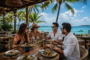 Friends dining at a waterfront restaurant in Isla Mujeres as an alternative to eating onboard a yacht