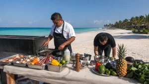 Chefs preparing fresh ingredients and grilled food for a beachfront event in Cancun