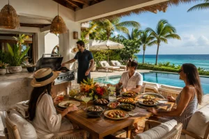 Guests enjoying a customized catering experience in Cancun with a private chef at sunset