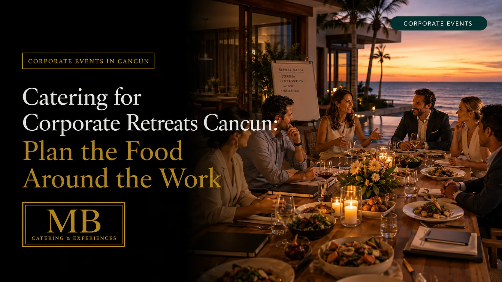 Catering for a corporate retreat in Cancún with a team dining at a private oceanfront villa