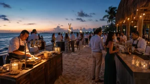Chef and bartender serving guests at a private beach event in Cancun at dusk