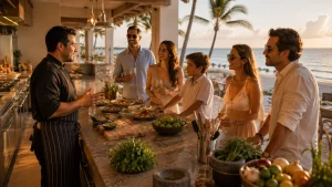 Alt text: Chef talking with guests during dinner at a beachfront villa in Cancun