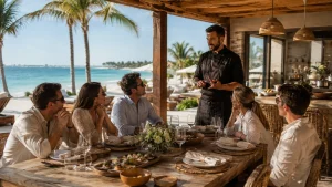 Alt text: Chef talking with guests during dinner at a beachfront villa in Cancun