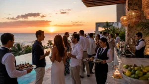 Steaks and lobster cooking over an open-flame grill at an oceanfront villa
