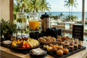 Coffee break station with fresh fruit, pastries, water and refreshments for a corporate retreat in Cancún