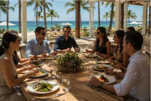 Corporate retreat strategy session at a private Cancún villa overlooking the Caribbean Sea
