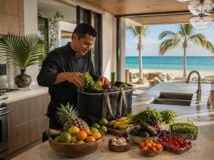 Fresh fruit, vegetables and herbs prepared for multi-day villa chef service in Costa Mujeres