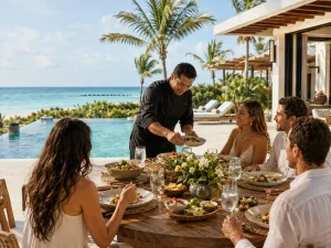 Poolside lunch prepared and served by a private chef at a Costa Mujeres villa