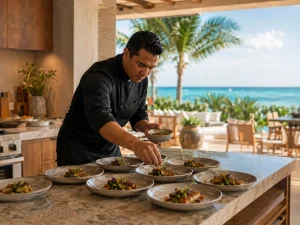 Villa chef plating individual dinner courses in a beachfront Costa Mujeres kitchen