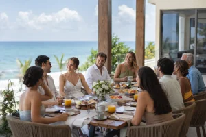 Guests enjoying a relaxed destination wedding farewell brunch beside the Caribbean in Cancun