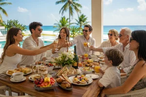 Friends enjoying cocktails, small plates and canapés during an engagement party in Cancun