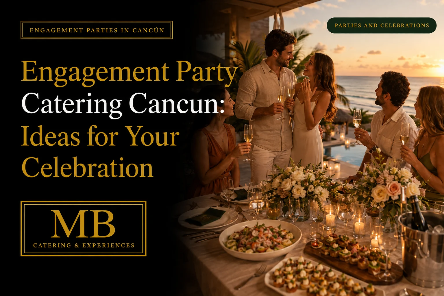 Engagement Party Catering Cancun with a couple celebrating at a private oceanfront dinner with friends