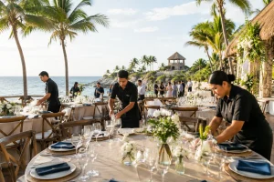 Event catering team setting tables, glassware and flowers for an oceanfront celebration in Riviera Maya