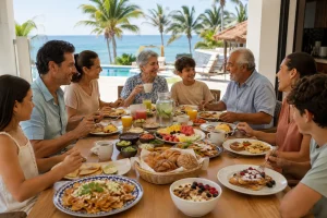 Multigenerational family enjoying breakfast together during a Cancun family reunion at a private villa