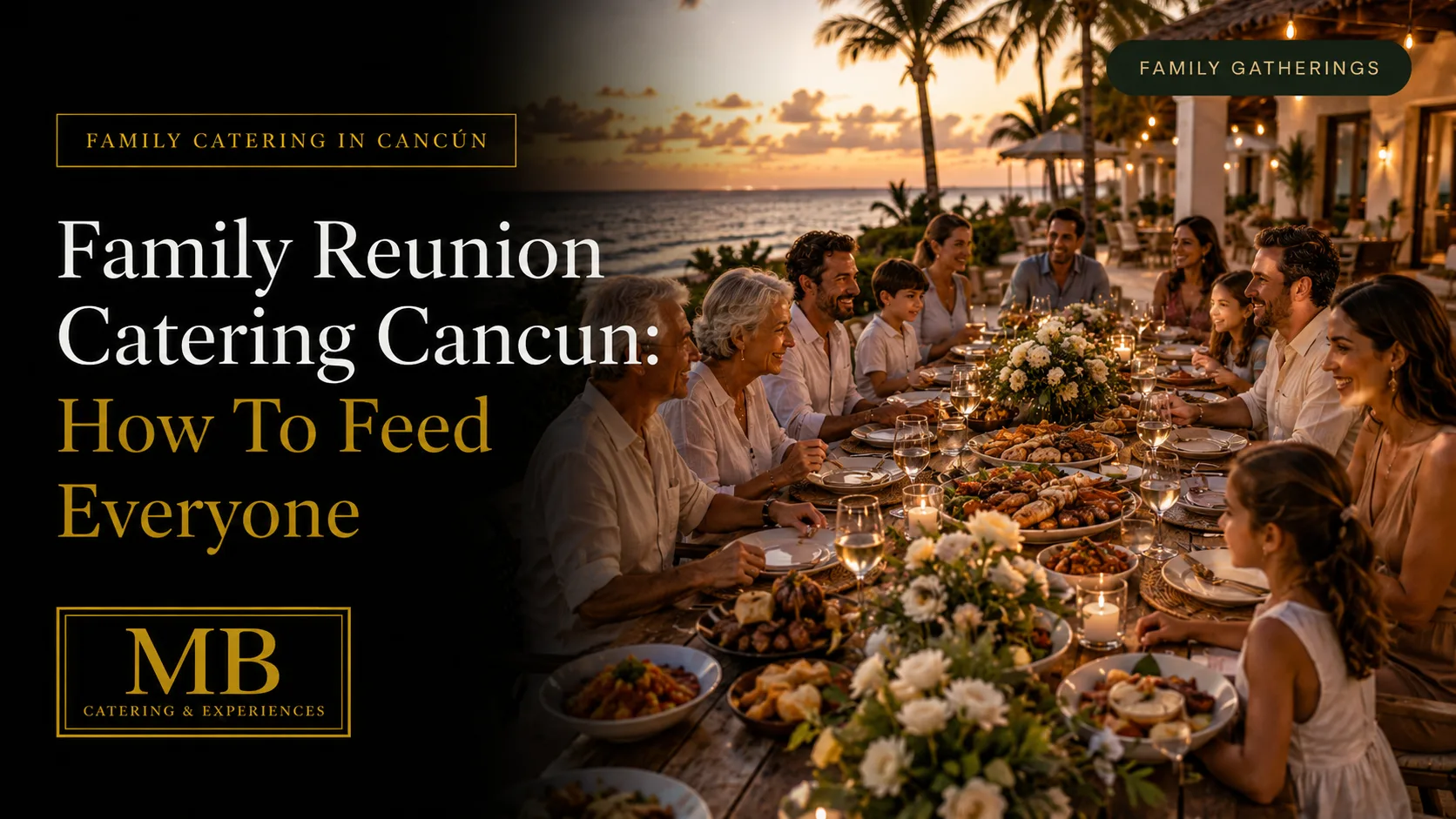 Family Reunion Catering Cancun with several generations sharing a sunset dinner at an oceanfront villa