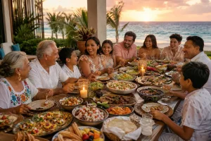 Family reunion dinner in Cancun with grandparents, parents and children sharing Mexican food at sunset