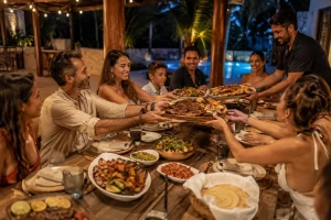 Cancun BBQ Catering spread with grilled steak, prawns, chicken, vegetables, tortillas, salsas and Mexican sides