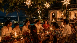 Familia disfrutando una fiesta navideña mexicana en Cancún durante una cena al aire libre en una villa