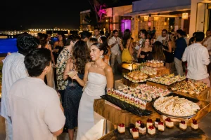 Coastal seafood spread with ceviche, grilled fish, shrimp and small plates at a Cancun engagement party